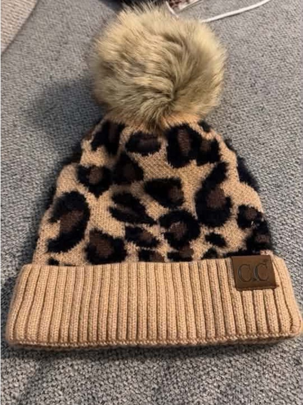 Leopard Pom Beanie - Tan/Black